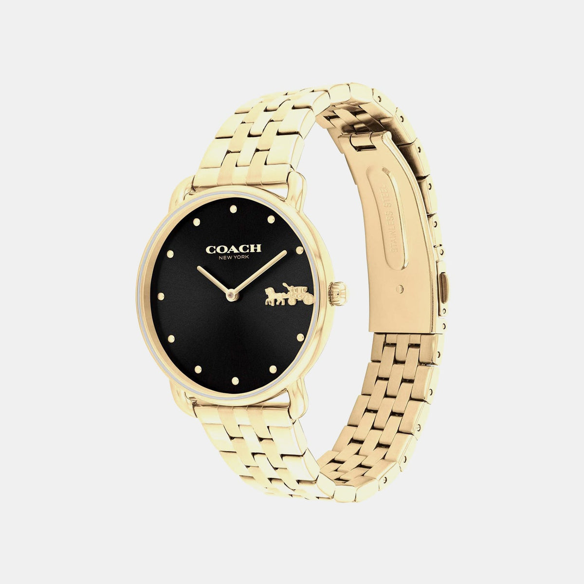 Coach gold steel women's watch at angle showing black dial and gold link bracelet strap