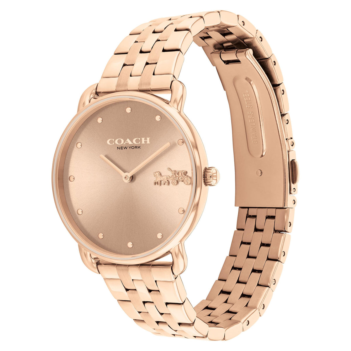 Coach rose gold steel women's watch shown at angle with link bracelet