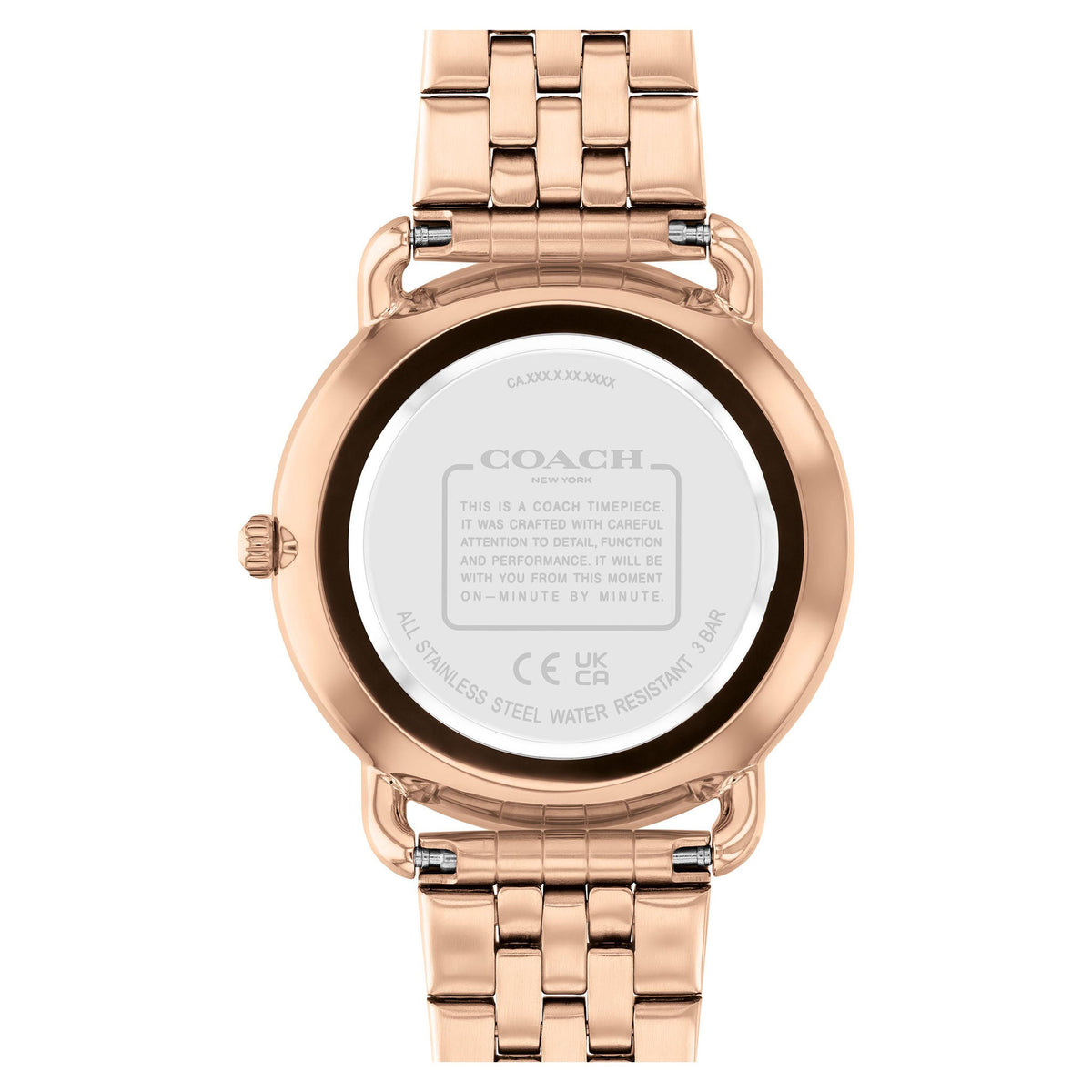 Coach rose gold steel women's watch caseback with engraved text and certifications