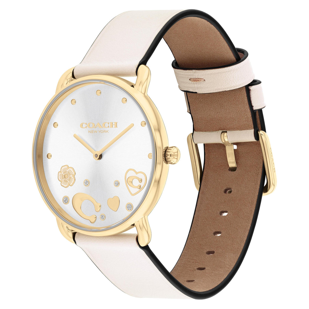 Coach Women's Watch showing chalk leather strap with gold-tone hardware
