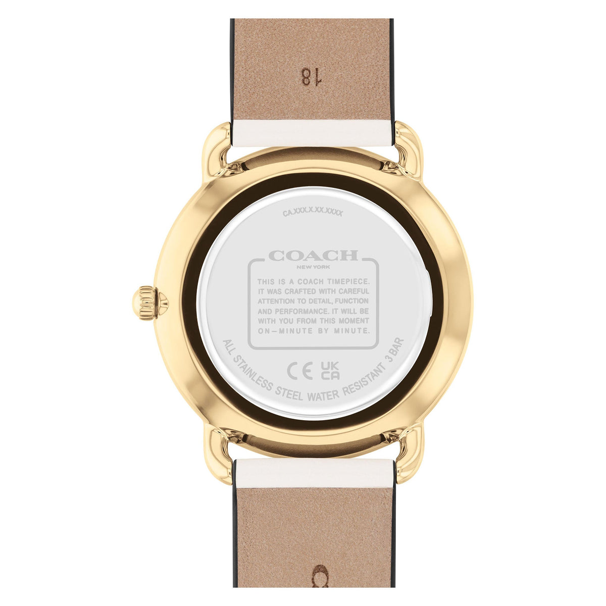 Coach Women's Watch caseback with gold-tone case and chalk leather strap