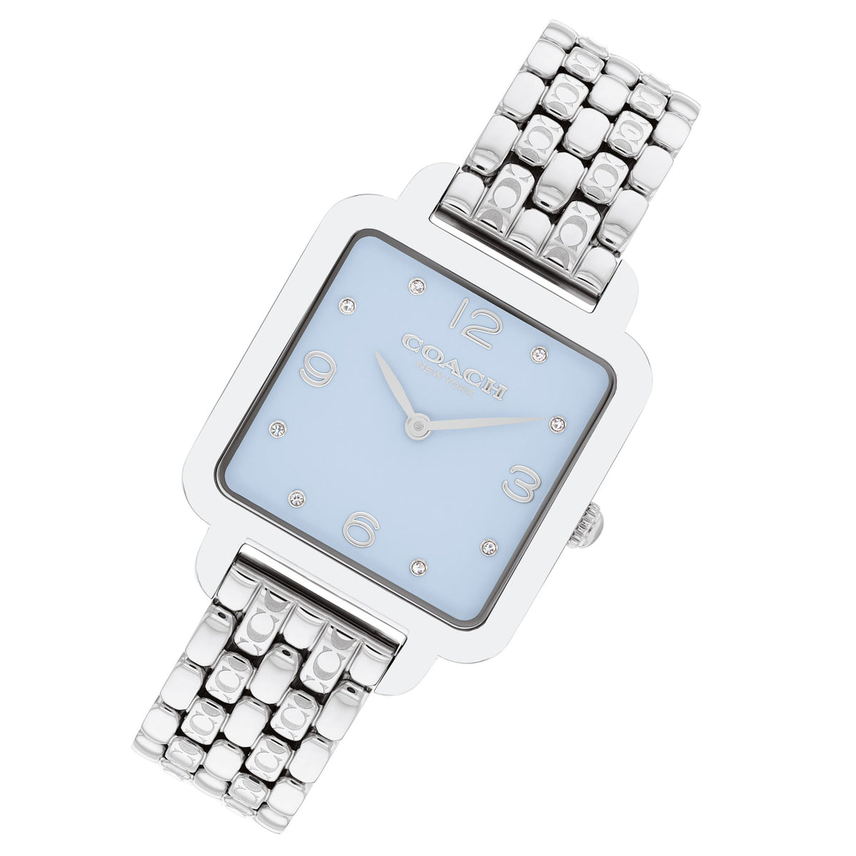 Coach stainless steel watch at angle showing light blue dial and bracelet detail