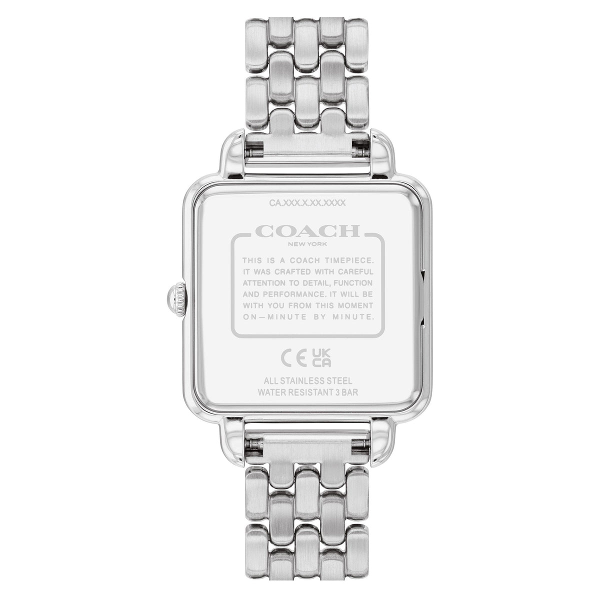 Coach watch case back with engraved brand text and stainless steel specifications