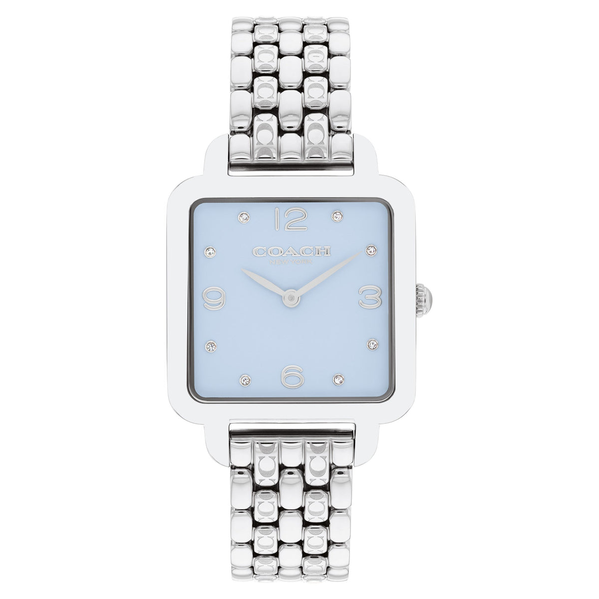 Coach women's watch with light blue dial, stainless steel square case, and link bracelet