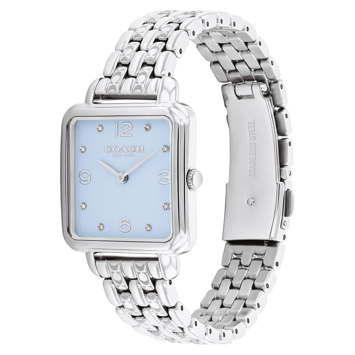Coach women's watch side view displaying stainless steel square case and bracelet