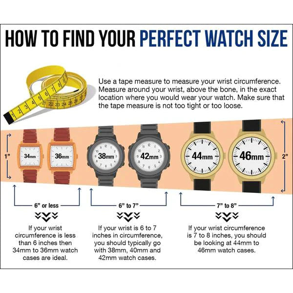 Watch size guide chart showing how to measure wrist circumference and select appropriate watch case size