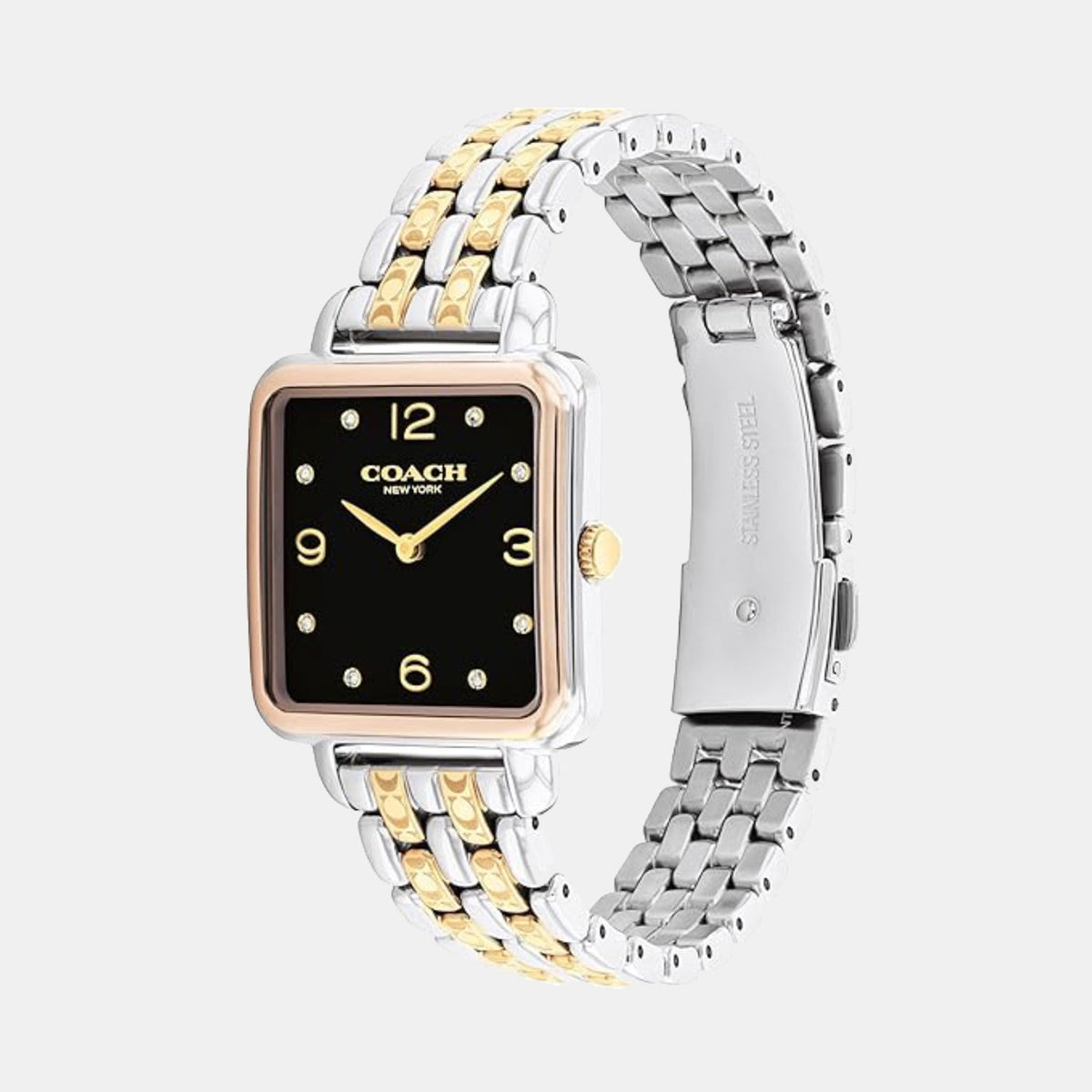 Coach watch side view showing two-tone steel bracelet with silver and gold links