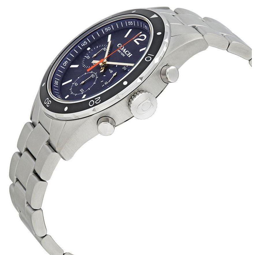 Side angle view of Coach stainless steel men's chronograph watch with blue dial