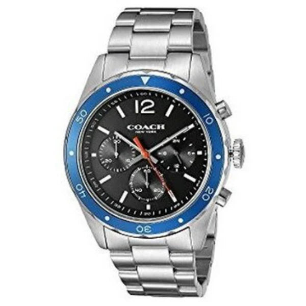 Coach silver stainless steel chronograph watch with black dial and blue bezel