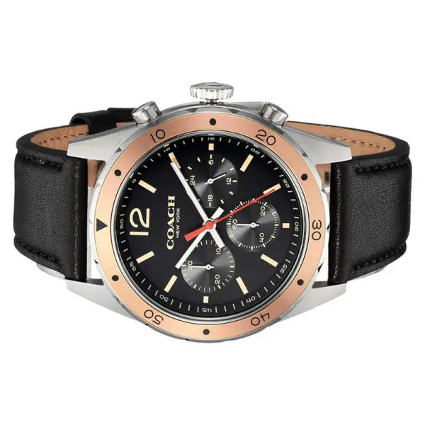 Coach chronograph watch angle view showing black dial, rose gold and silver case, and black leather strap