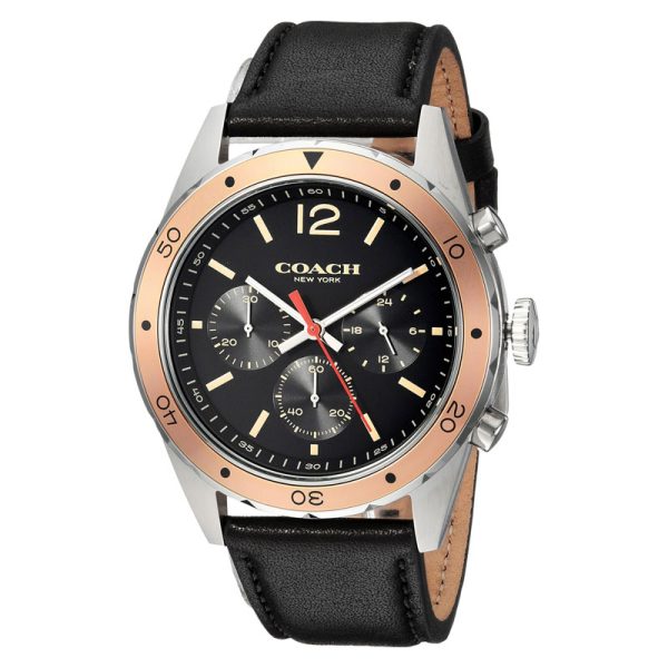 Coach men's chronograph watch with black dial, two-tone stainless steel case, rose gold bezel, and black leather strap