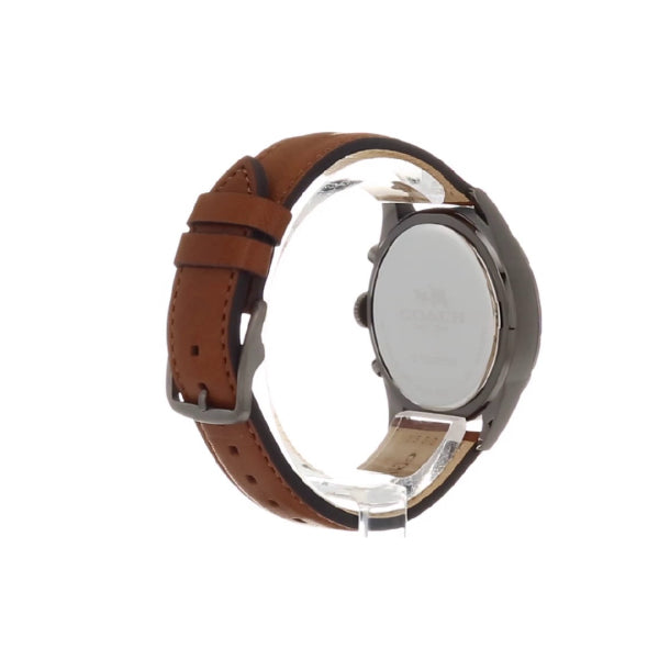 Coach watch caseback and side profile showing brown leather strap and stainless steel case