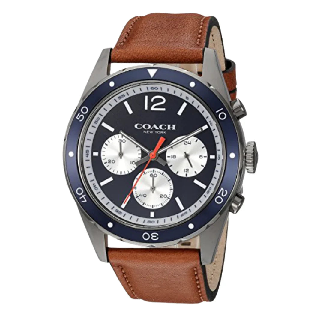 Coach chronograph men's watch with blue dial, silver subdials, brown leather strap, and stainless steel case