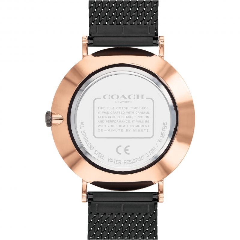 Watch caseback showing Coach branding, water resistance specifications, and stainless steel construction