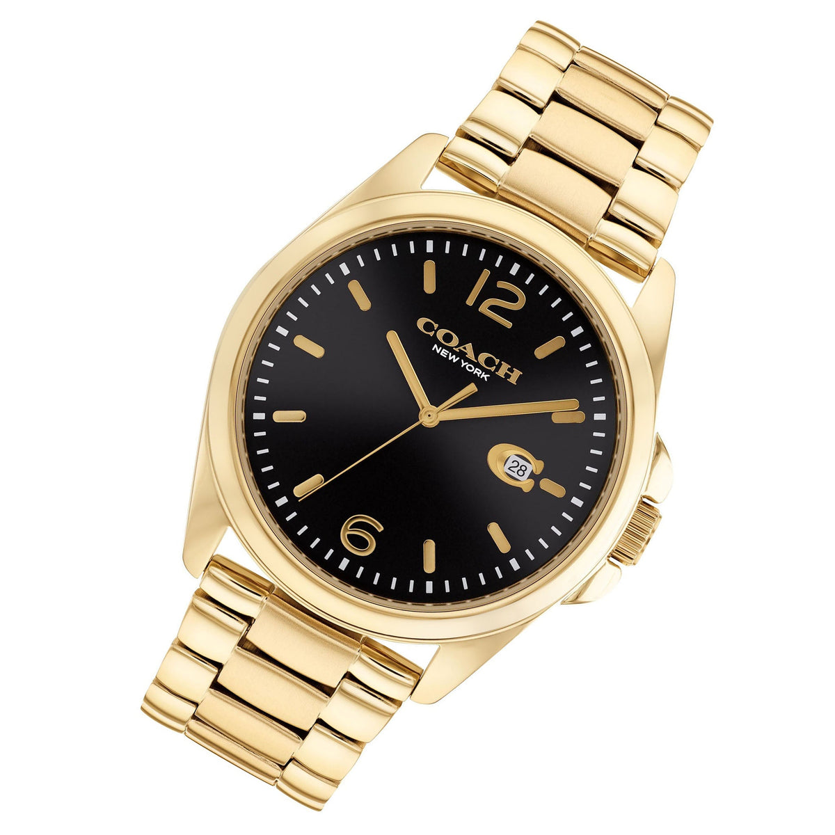 Coach gold stainless steel watch at angle showing black dial and gold link bracelet