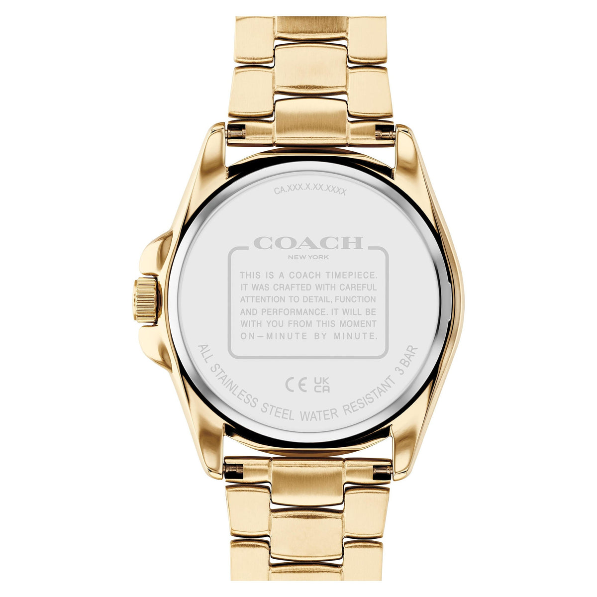 Case back of Coach watch showing stainless steel construction and water resistance marking