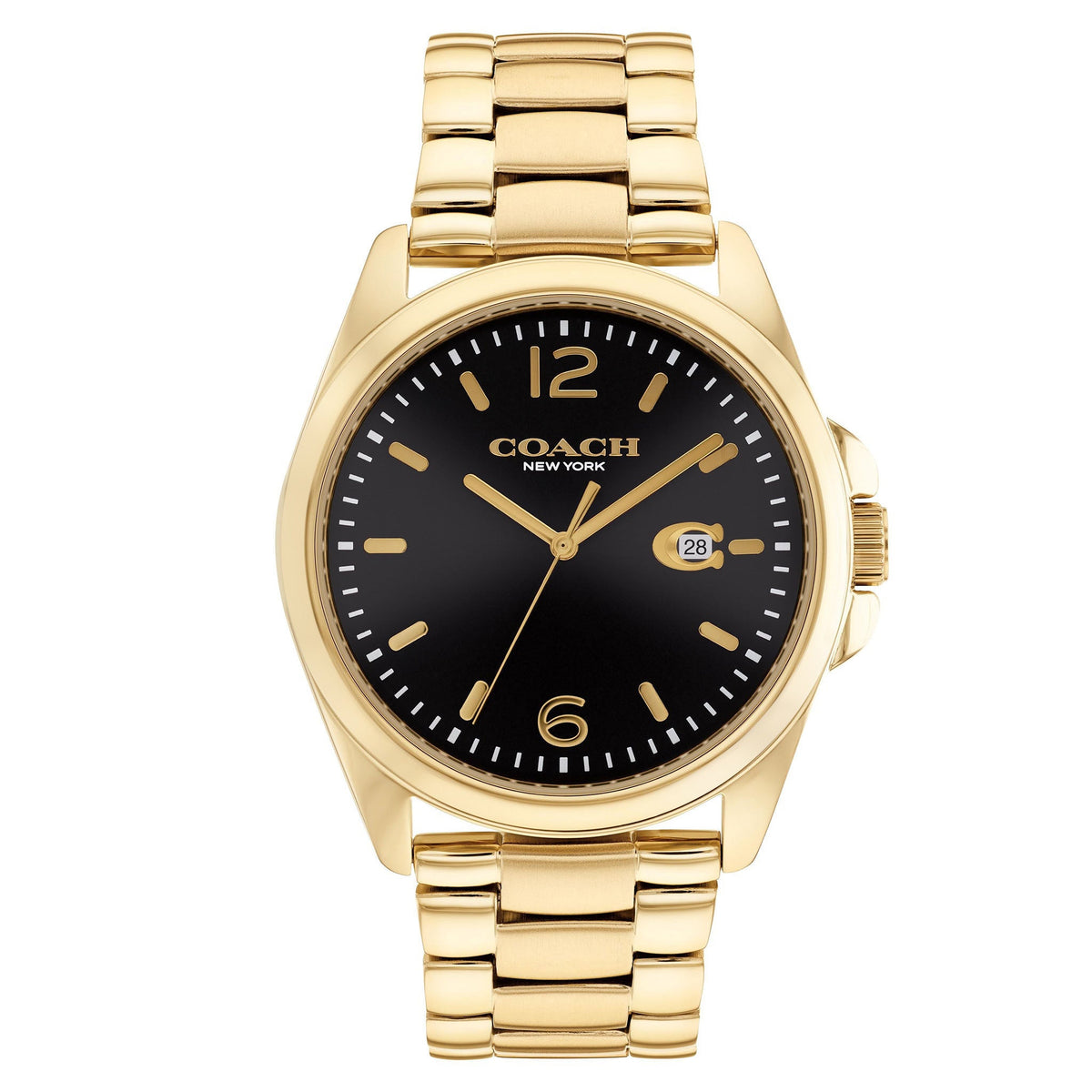 Coach men's watch with gold stainless steel case and black dial with gold indices