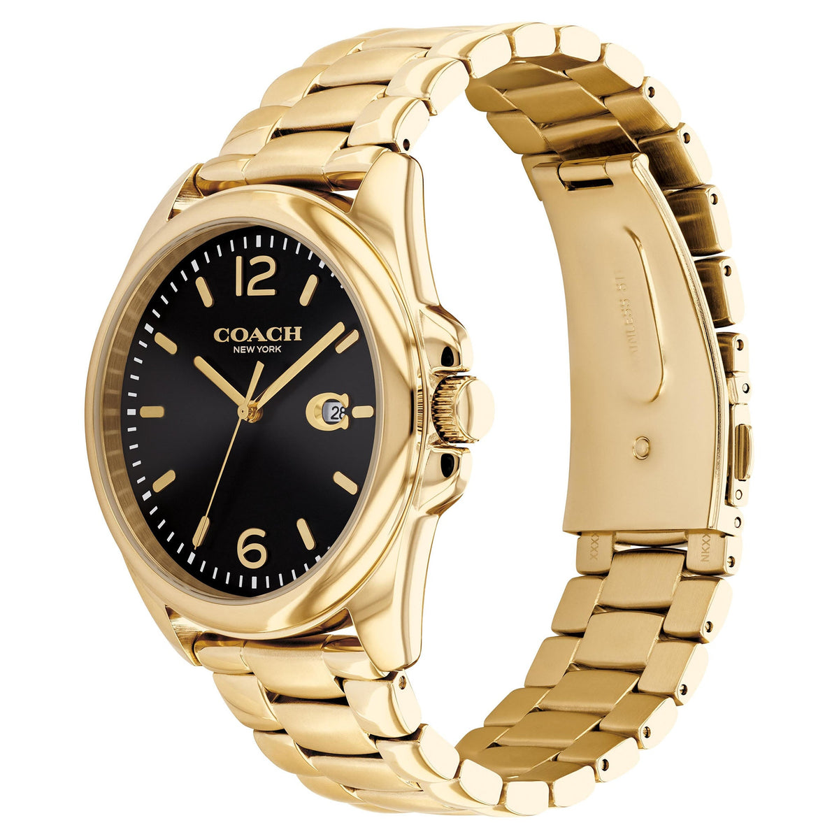 Side profile of Coach watch showing gold case and matching gold link bracelet