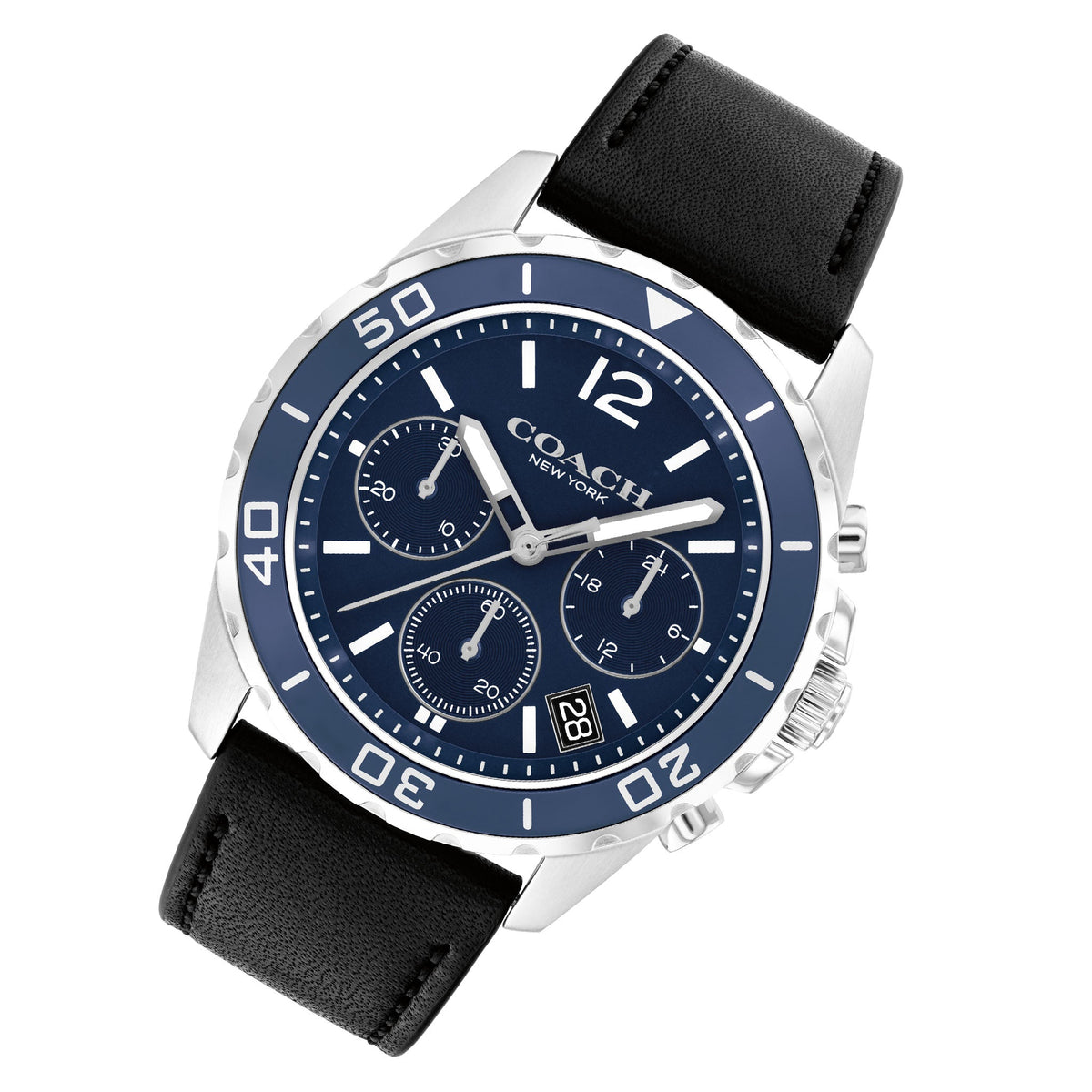 Angled view of Coach chronograph watch with blue dial and black leather strap