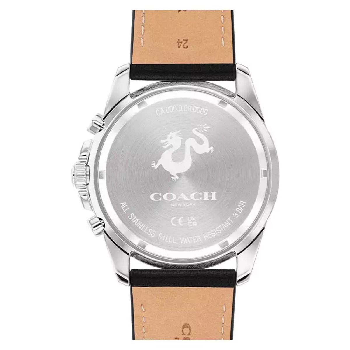 Coach watch caseback engraved with coach logo and stainless steel water-resistant details