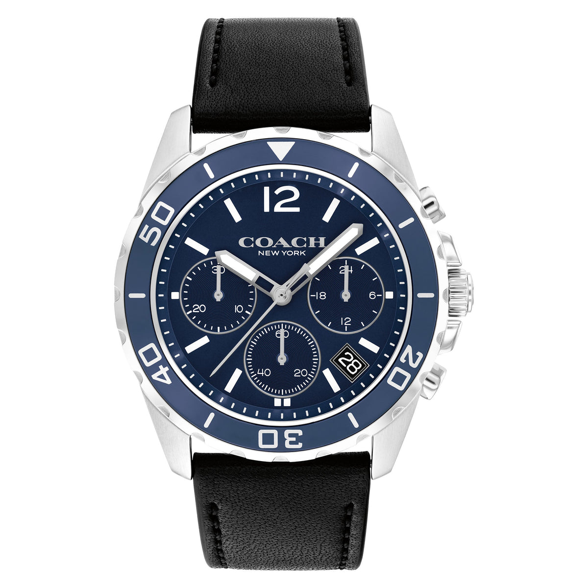 Coach men's quartz watch with blue chronograph dial, silver-tone case, and black leather strap