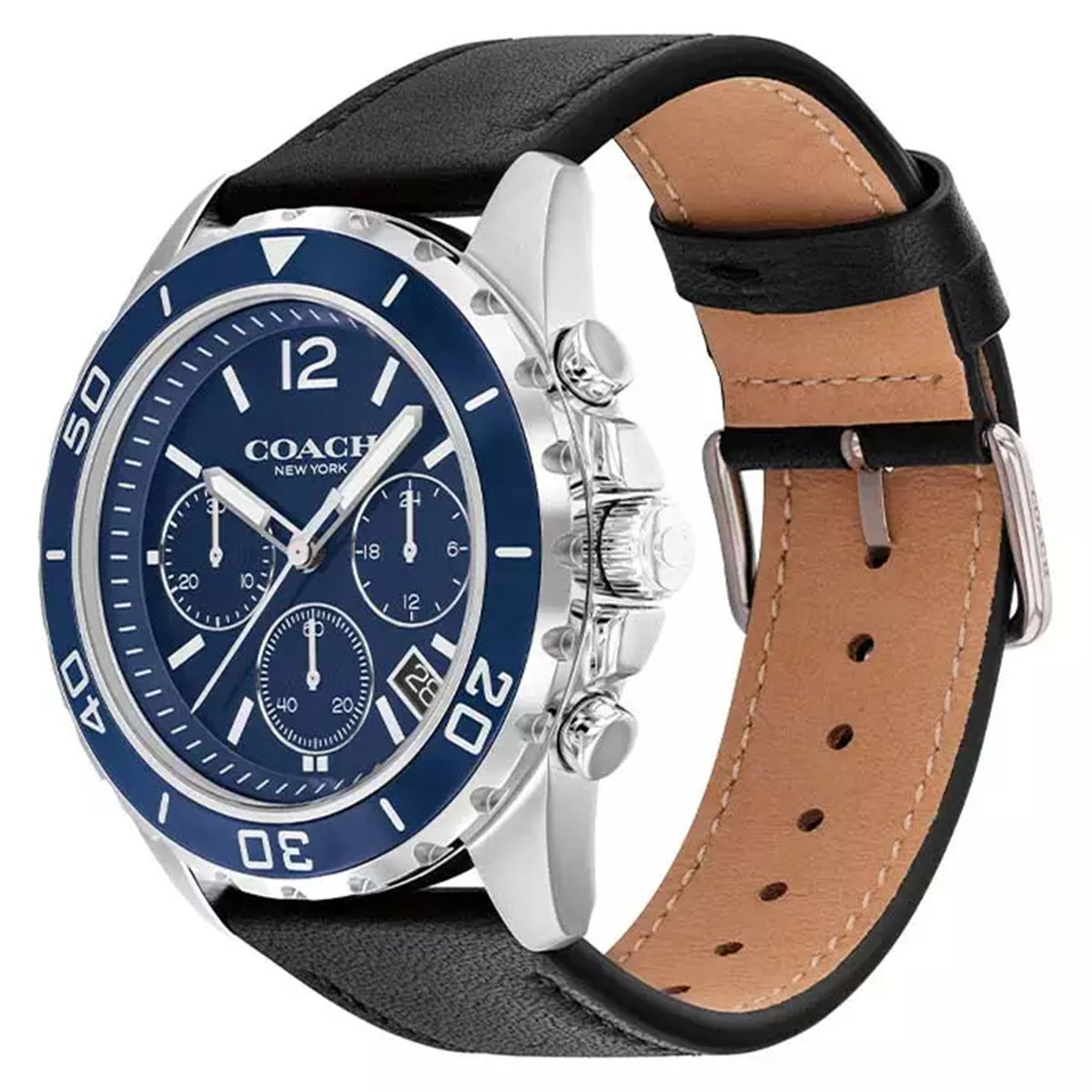 Coach chronograph watch on wrist showing blue dial and interchangeable leather strap