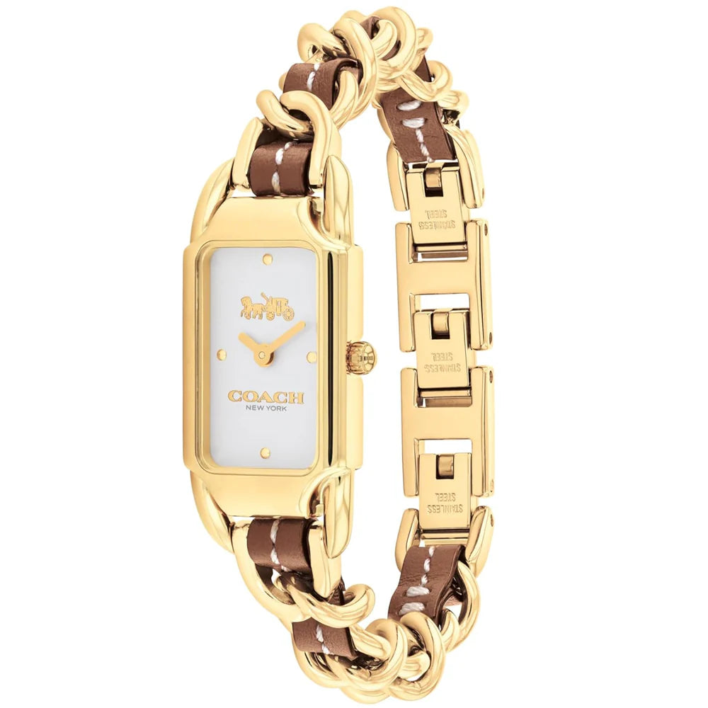 Coach golden rectangular watch displayed at angle with brown leather and chain-link bracelet strap