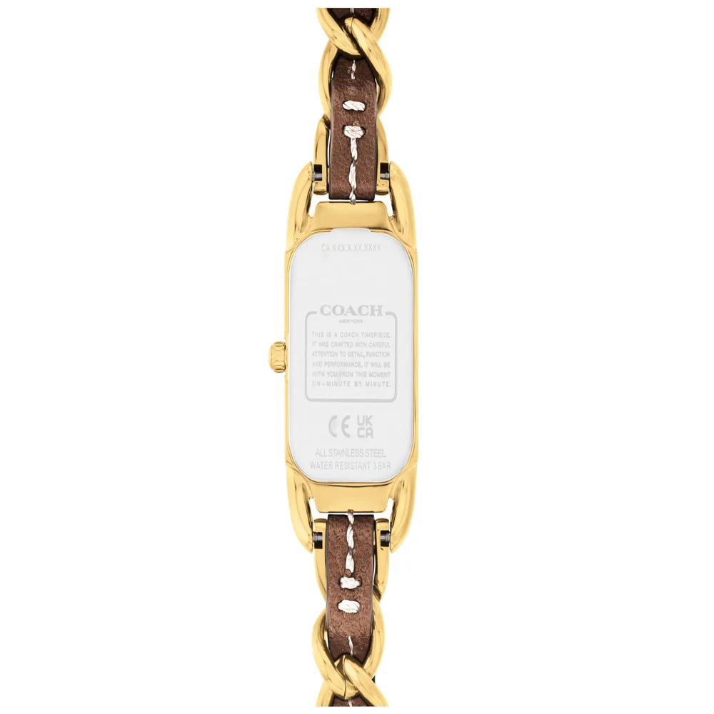 Coach watch caseback showing stainless steel back plate with branding and specifications