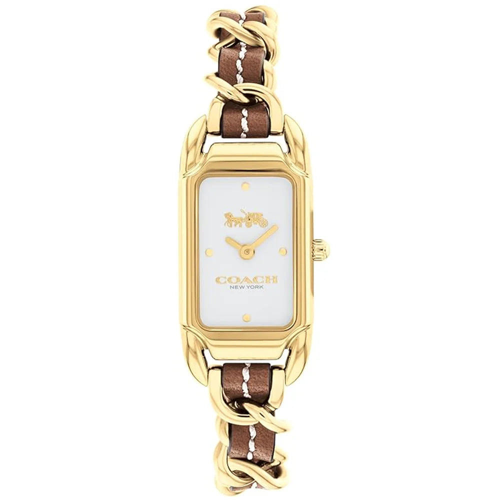 Coach 18MM golden rectangular watch with white dial, brown leather and chain-link strap