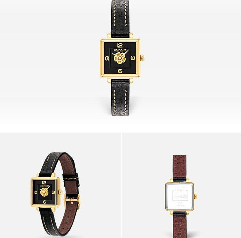 Coach square watch shown from multiple angles with black leather strap and gold case