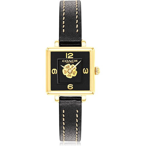 Coach black leather square women's watch with gold case and black dial