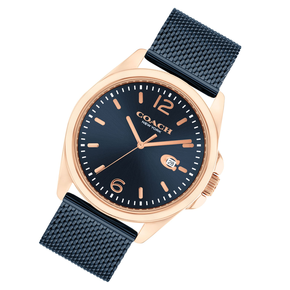 Coach watch angled view showing blue mesh strap and rose gold case with blue dial