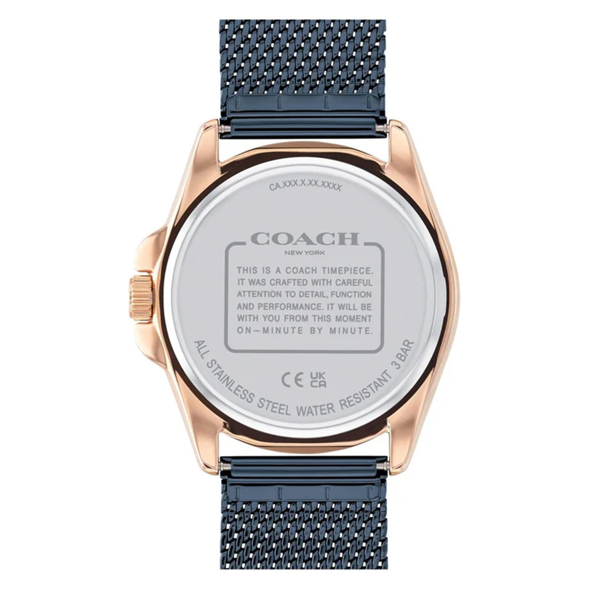 Coach watch caseback showing stainless steel with engraved branding and water resistant details