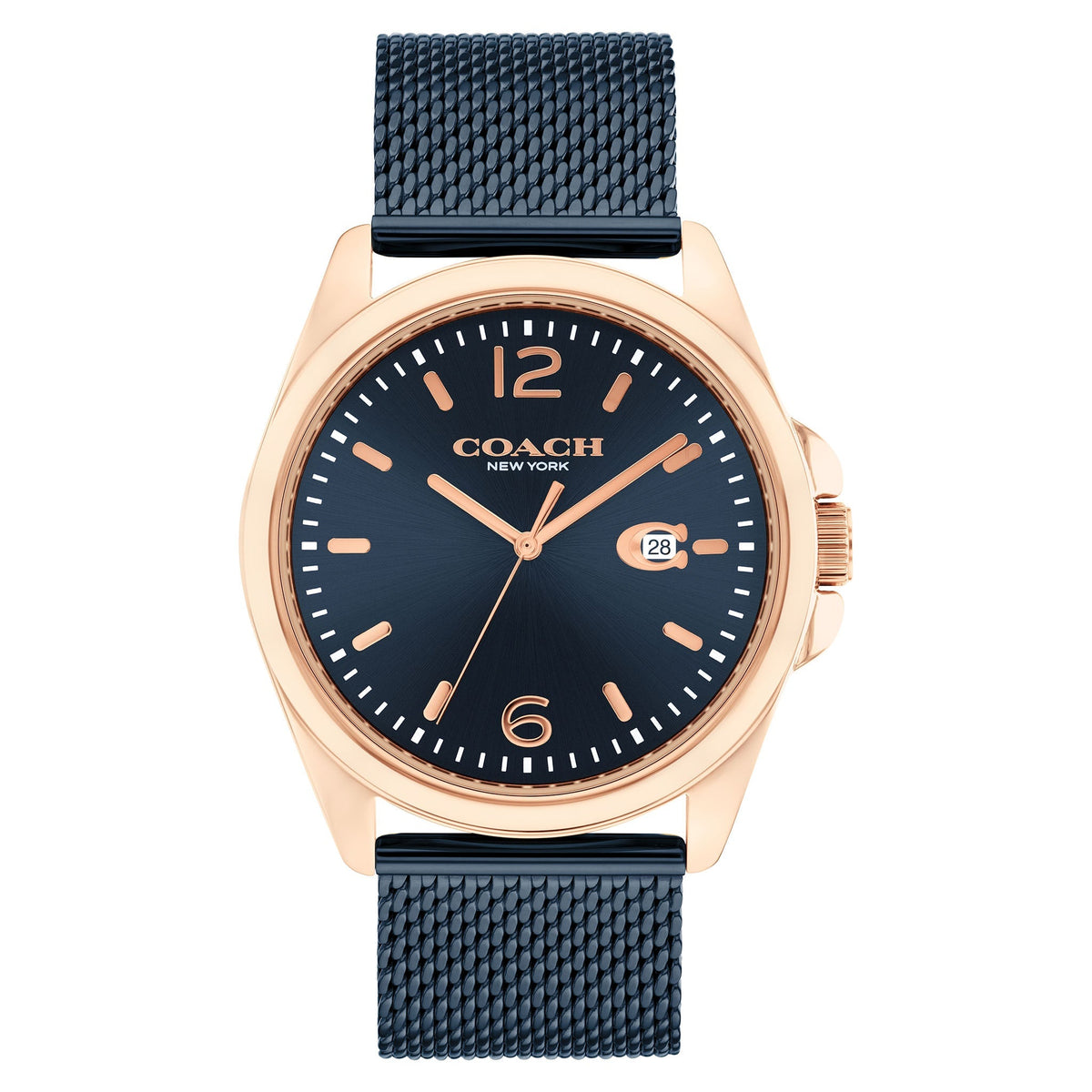 Coach men's watch with rose gold case, blue dial, and blue mesh strap