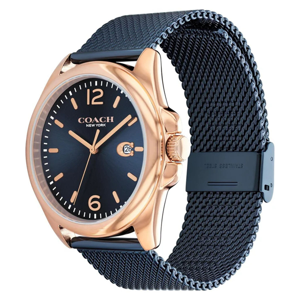 Coach blue steel mesh watch worn on wrist, displaying dial and mesh bracelet closure