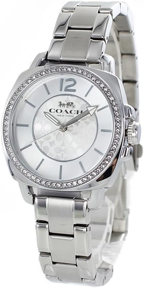 COACH Boyfriend silver tone women's watch with crystal-accented bezel and mother-of-pearl dial