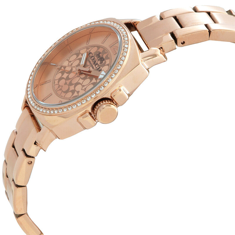 Coach Boyfriend rose gold watch angled side view showing crystal bezel and bracelet