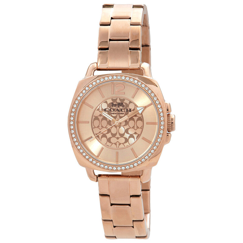 Coach Boyfriend rose gold watch with crystal bezel and logo dial, front view