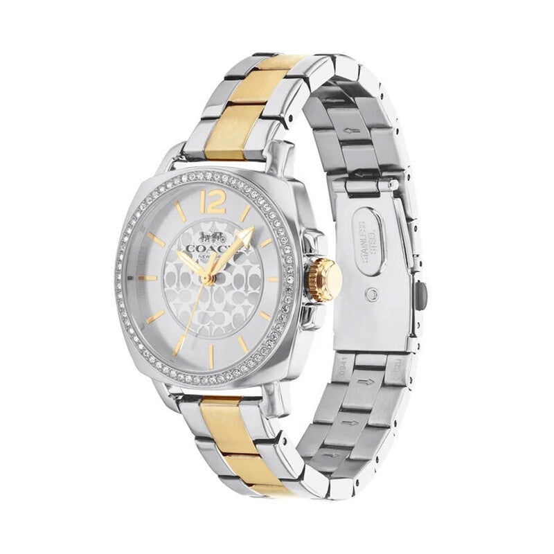 Coach Boyfriend ladies watch angled view showing two-tone bracelet and crystal-set bezel