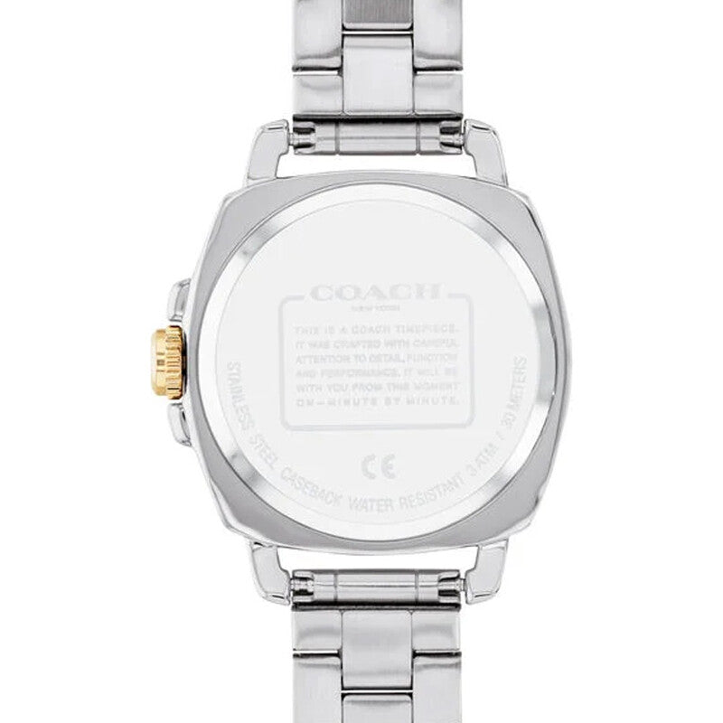 Coach Boyfriend ladies watch caseback with engraved Coach logo and water resistance details