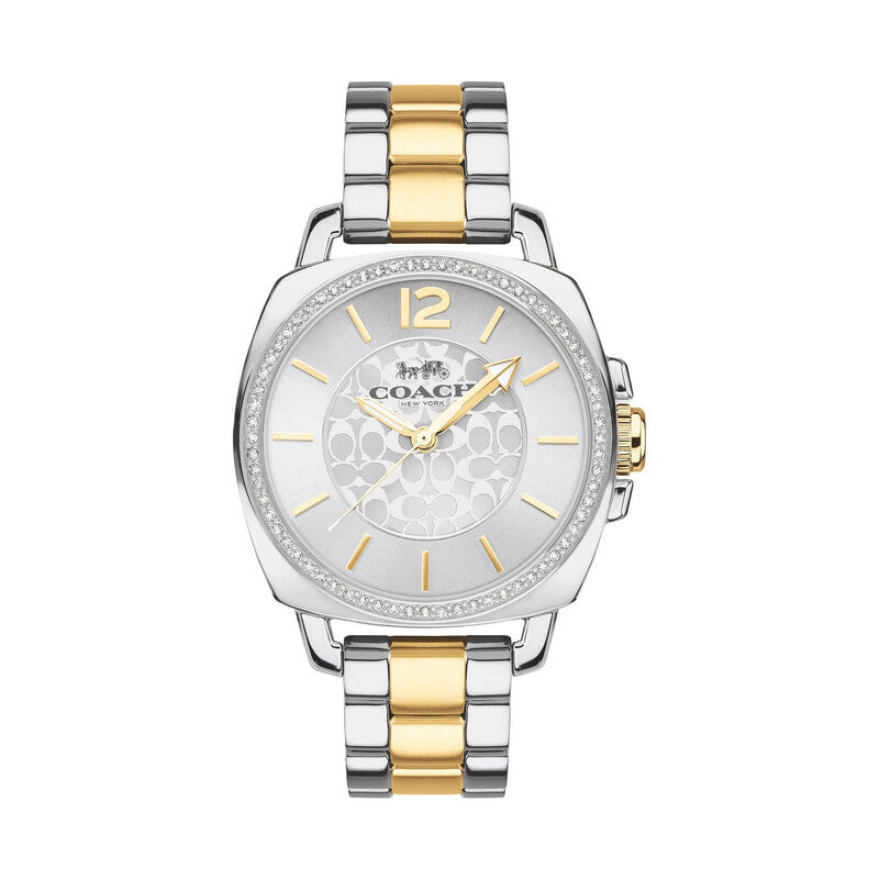 Coach Boyfriend quartz crystal ladies watch with two-tone silver and gold bracelet and white dial