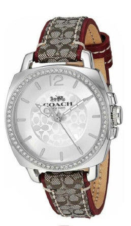Coach Boyfriend women's watch with silver steel case, pave crystal bezel, white dial, and brown signature leather strap