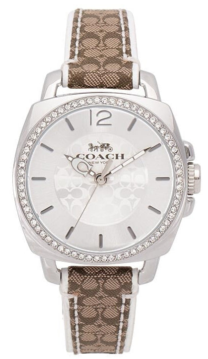 Coach Boyfriend silver tone women's watch with crystal-set bezel and brown/white leather band