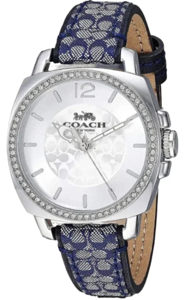 Coach Boyfriend watch side angle view showing navy monogram fabric strap with leather trim