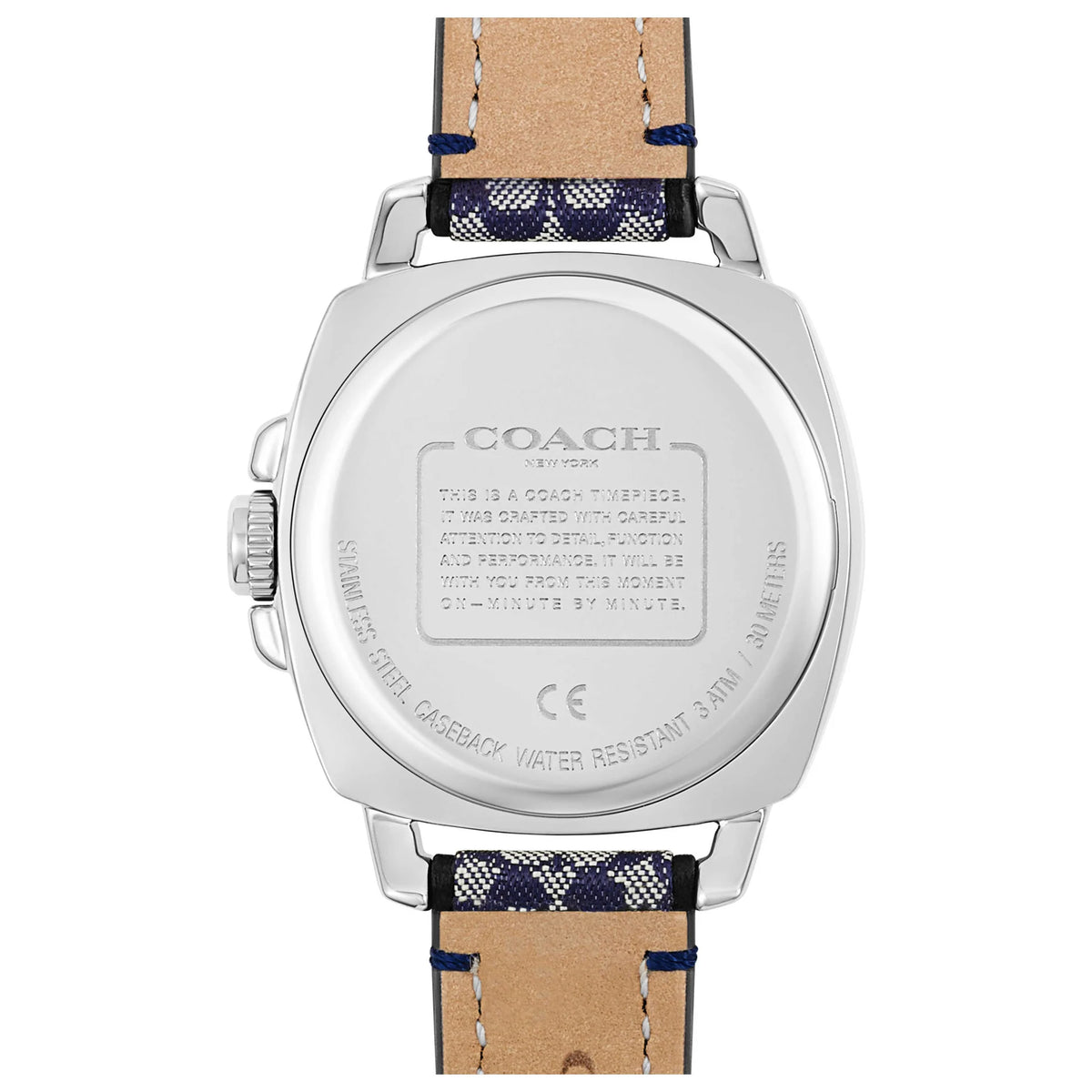 Coach Boyfriend watch caseback showing water resistant marking and brand engraving