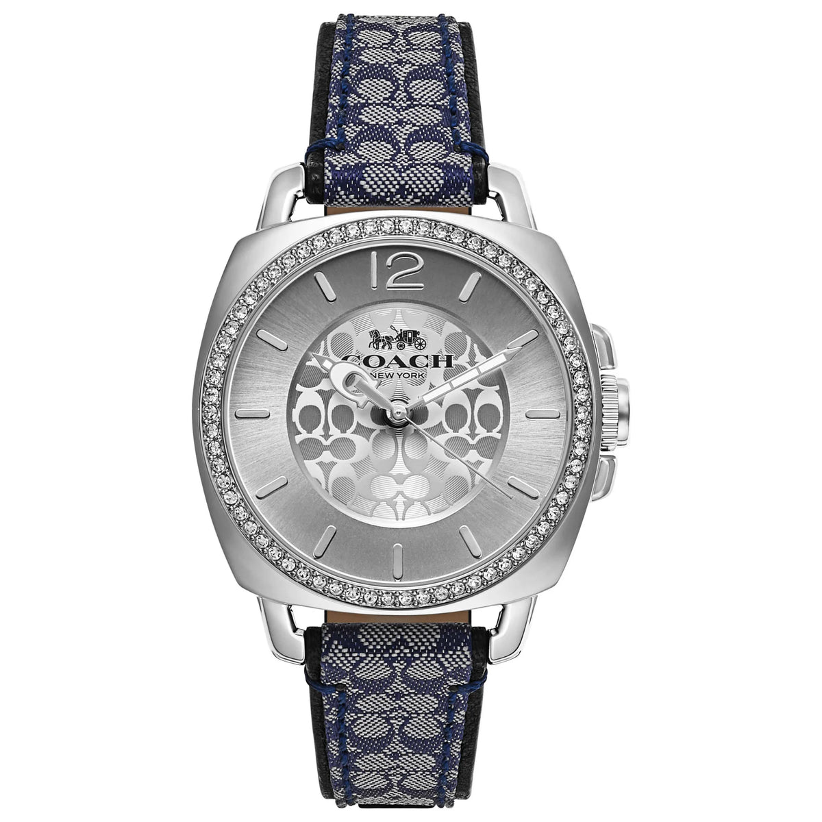 Coach Boyfriend women's watch with silver case, crystal bezel, monogram dial, and navy blue fabric strap