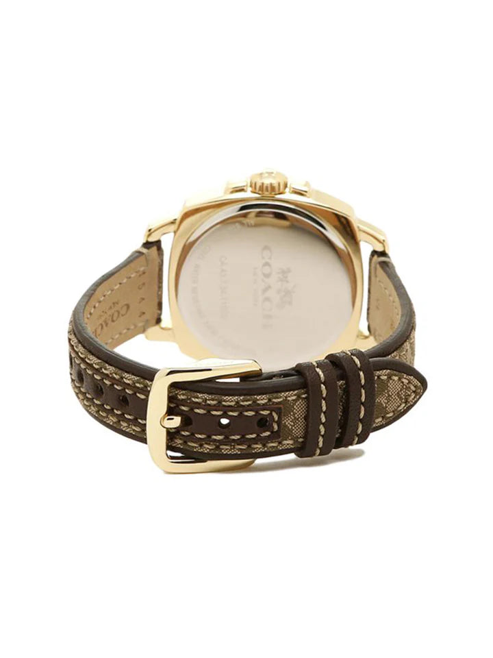 Coach Boyfriend watch caseback showing engraved Coach branding and brown leather strap detail