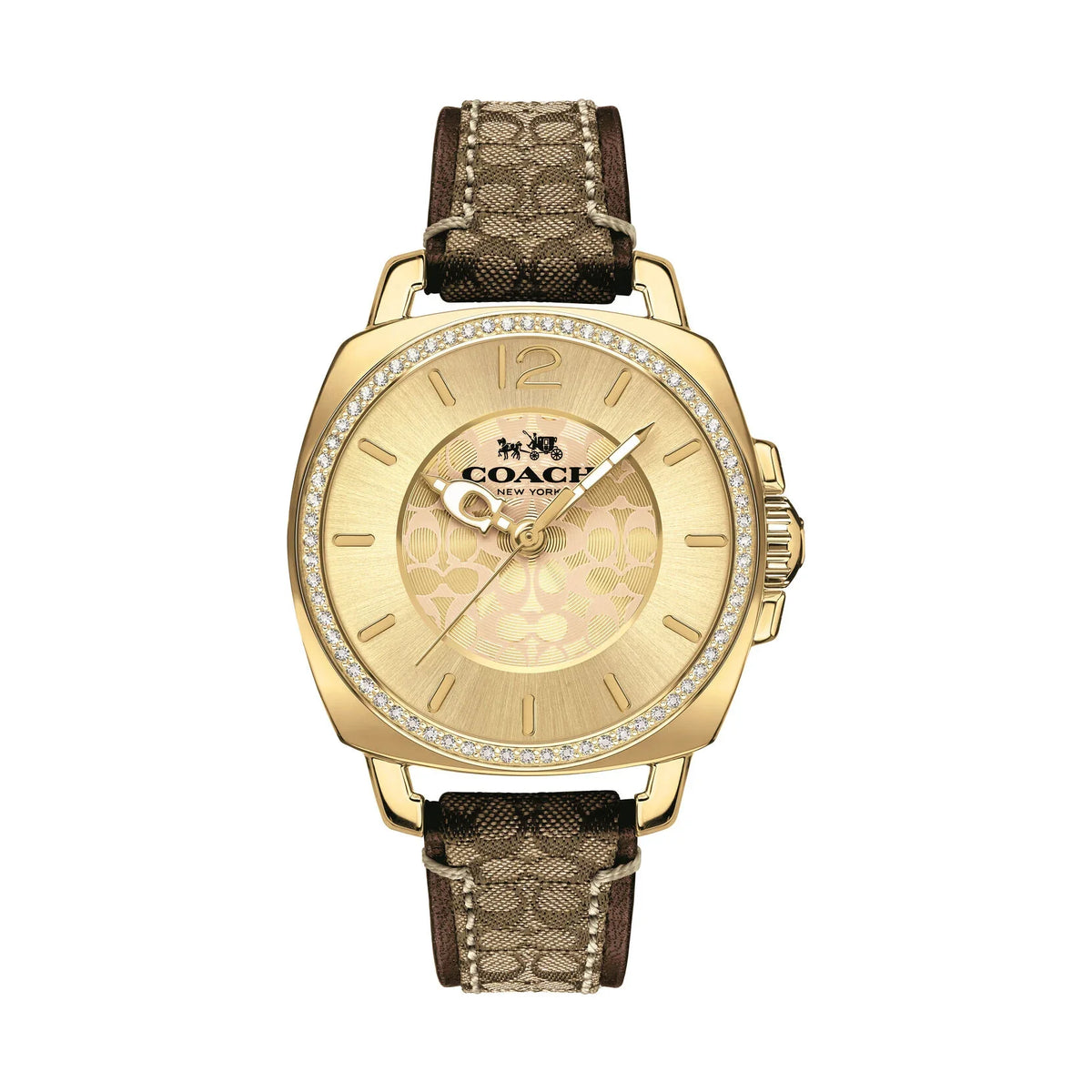 Coach Boyfriend ladies watch with gold dial, crystal bezel, and brown signature leather strap