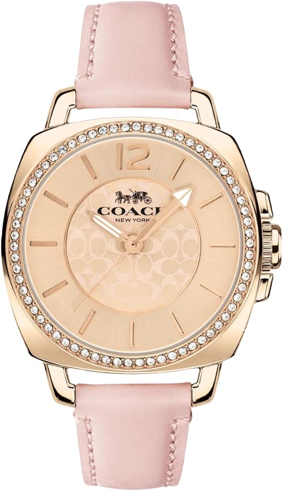 Coach Boyfriend watch with carnation gold dial and crystal-studded bezel on pink leather strap
