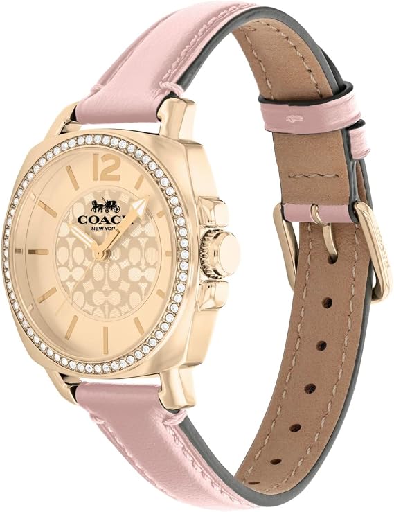 Coach Boyfriend watch side view showing pink leather strap and tan suede lining
